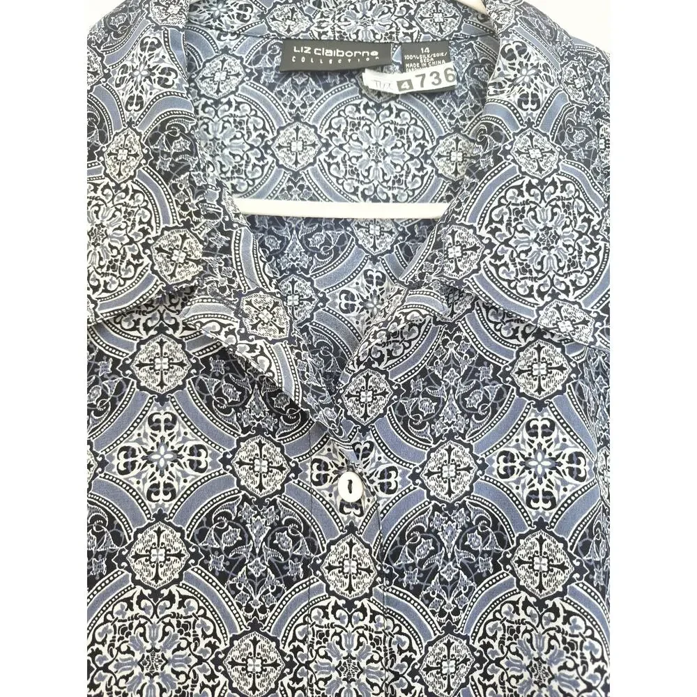 Liz Claiborne Silk Blouse Sz 14 Boho Print Long Sleeve Top Button Blue Office - Picture 8 of 8